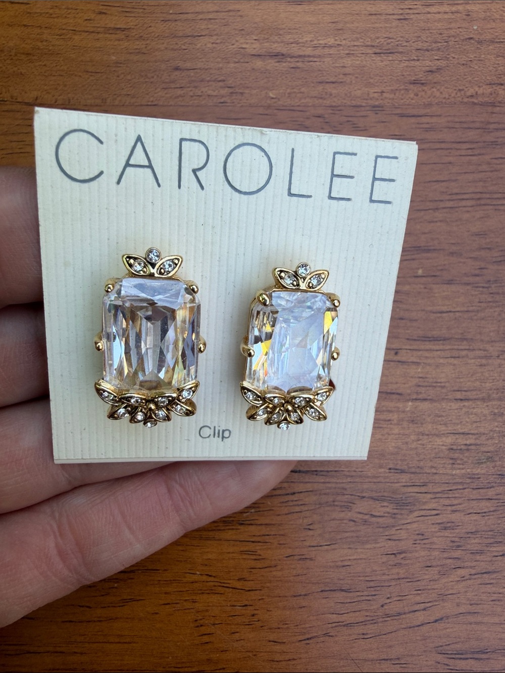 Carolee Gold and Clear Crystal Rectangular Clip Earrings